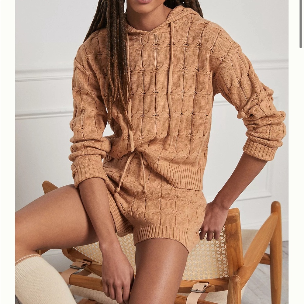 Anthropologie Cable-Knit Hoodie Set in Camel